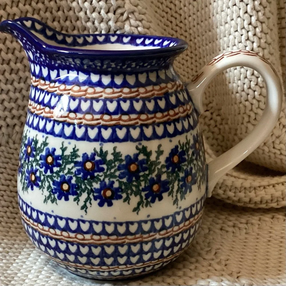 Polish Pottery Hand Painted Blue Design  Pitcher 6.5” 1 Quart signed B. Fidelus